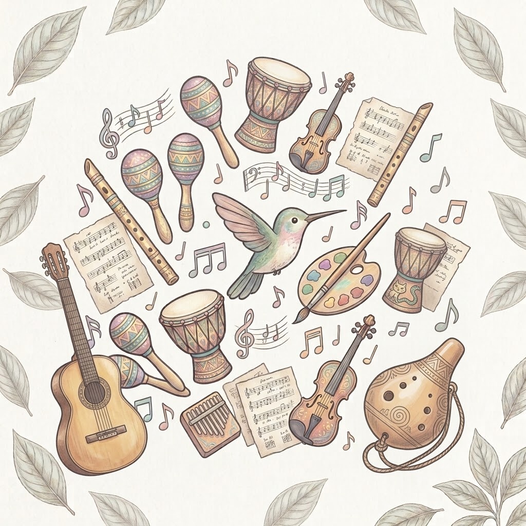 Ilustración de instrumentos musicales, partituras, una paleta de pintura y un colibrí, símbolos del universo creativo de Casa Mañke
