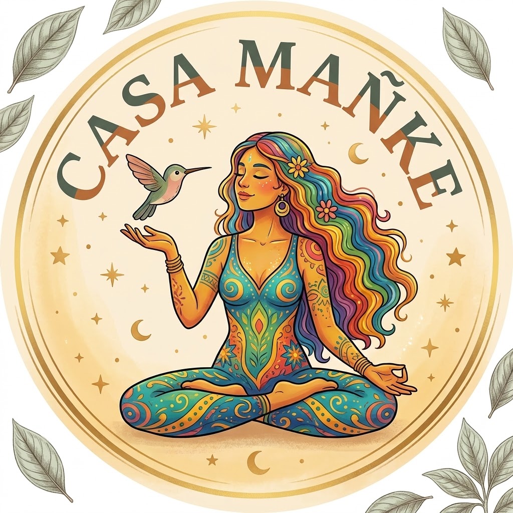 Emblema de Casa Mañke: una mujer meditando con un colibrí posado en su mano, rodeada de estrellas y hojas